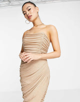 Rare London Mesh Drape Wrap Midi Pencil Dress In Stone Glitter