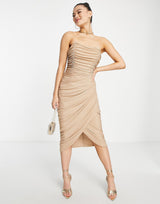 Rare London Mesh Drape Wrap Midi Pencil Dress In Stone Glitter