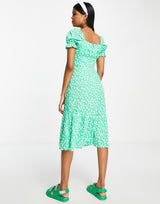 Influence Corset Detail Midi Dress In Green Floral Print