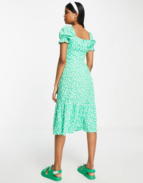 Influence Corset Detail Midi Dress In Green Floral Print