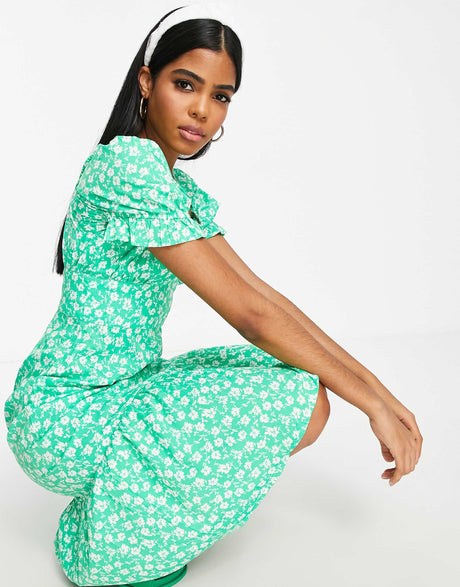 Influence Corset Detail Midi Dress In Green Floral Print