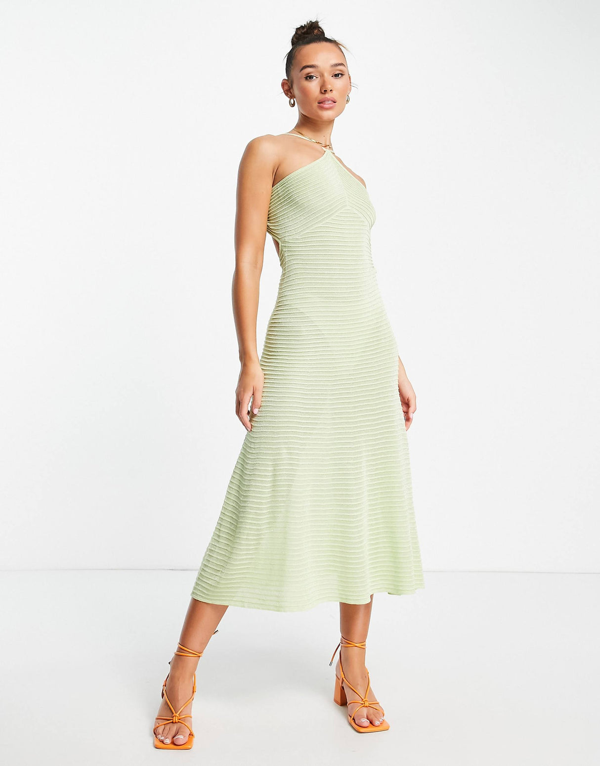 Na-Kd X Dani Pavlica Tie Back Ribbed Midi Dress In Dusty Green