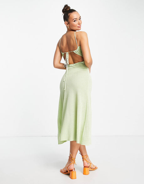 Na-Kd X Dani Pavlica Tie Back Ribbed Midi Dress In Dusty Green