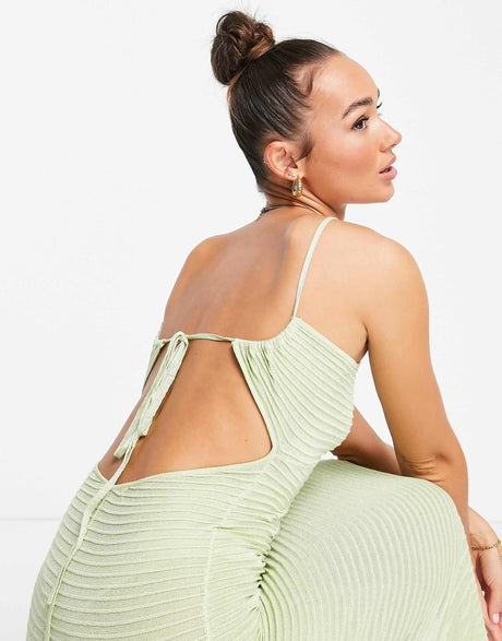 Na-Kd X Dani Pavlica Tie Back Ribbed Midi Dress In Dusty Green