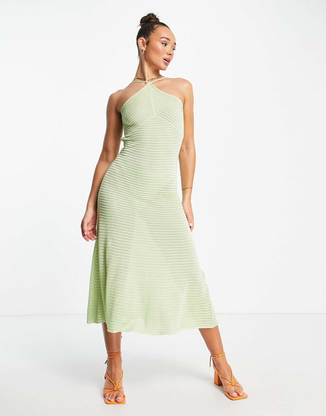 Na-Kd X Dani Pavlica Tie Back Ribbed Midi Dress In Dusty Green