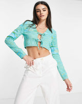 Na-Kd X Miss Lisibell Tie Front Long Sleeve Top In Green Tie Die