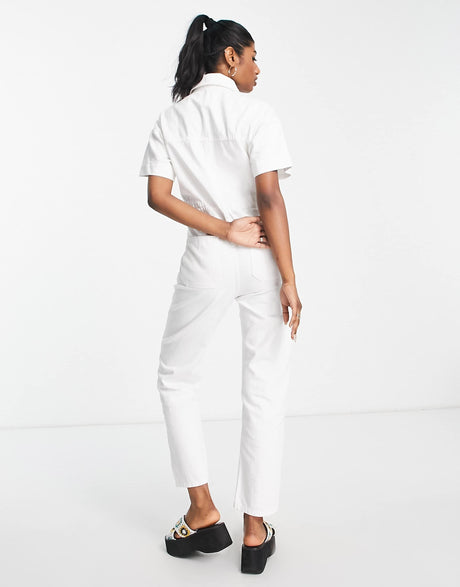 Free People Button Through Denim Jumpsuit In White
