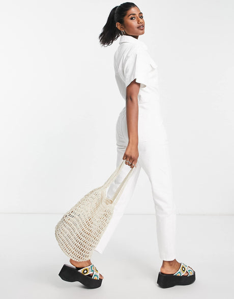 Free People Button Through Denim Jumpsuit In White