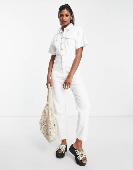 Free People Button Through Denim Jumpsuit In White