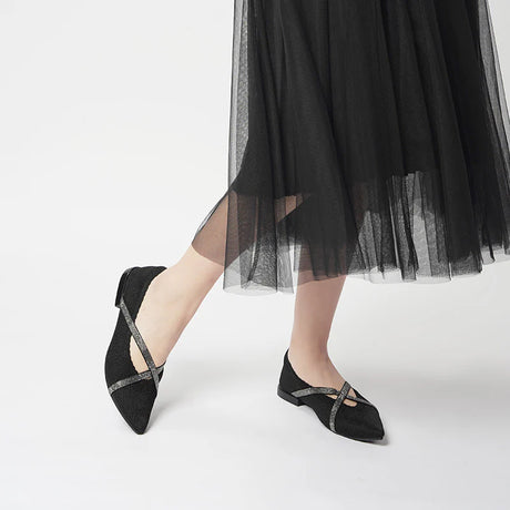 Rhinestone Cross Strap Pointed Toe Knit Flats - Black