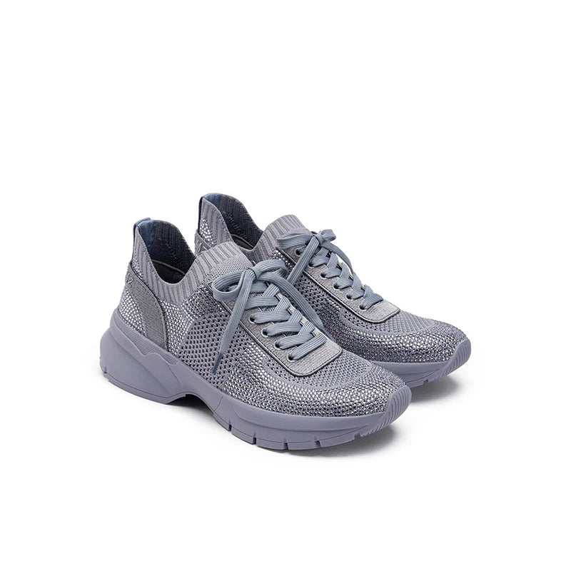 Rhinestone Mesh Knit Chunky Platform Sneakers - Grey