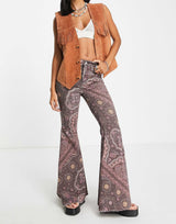 Free People Paisley Print Flared Jean In Chocolate