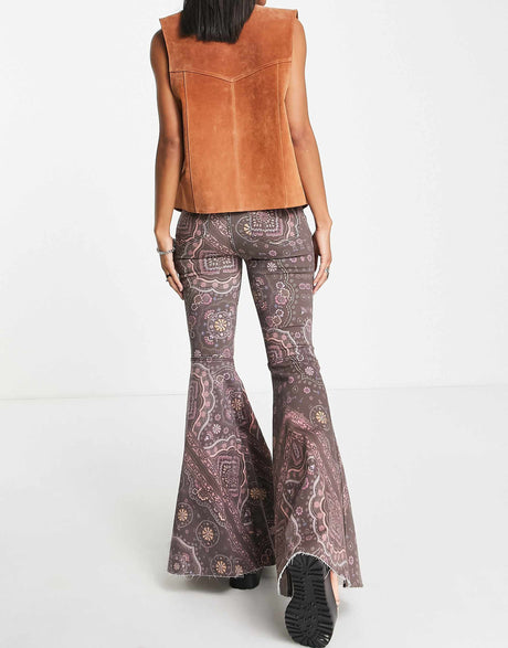 Free People Paisley Print Flared Jean In Chocolate