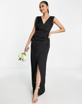 Liquorish Satin Wrap Front Maxi Dress In Black
