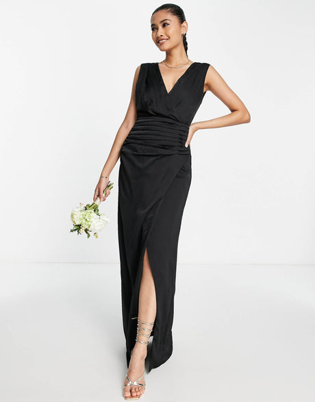 Liquorish Satin Wrap Front Maxi Dress In Black