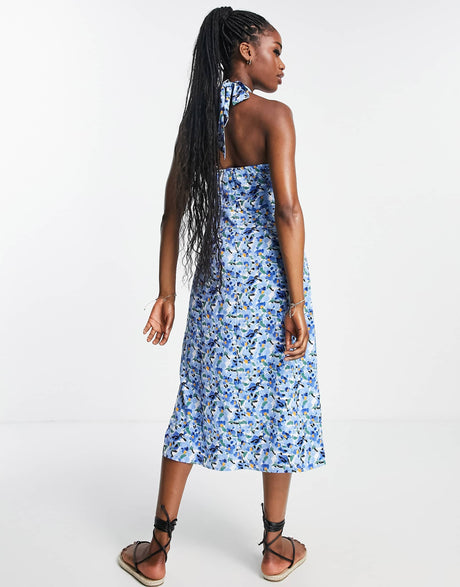 Qed London Halter Neck Midi Dress In Blue Floral
