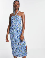 Qed London Halter Neck Midi Dress In Blue Floral