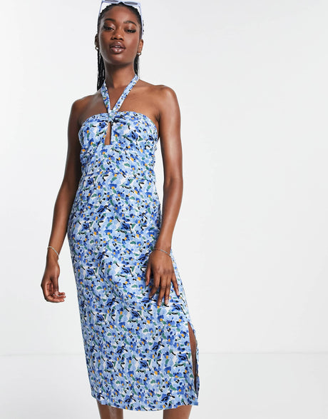 Qed London Halter Neck Midi Dress In Blue Floral