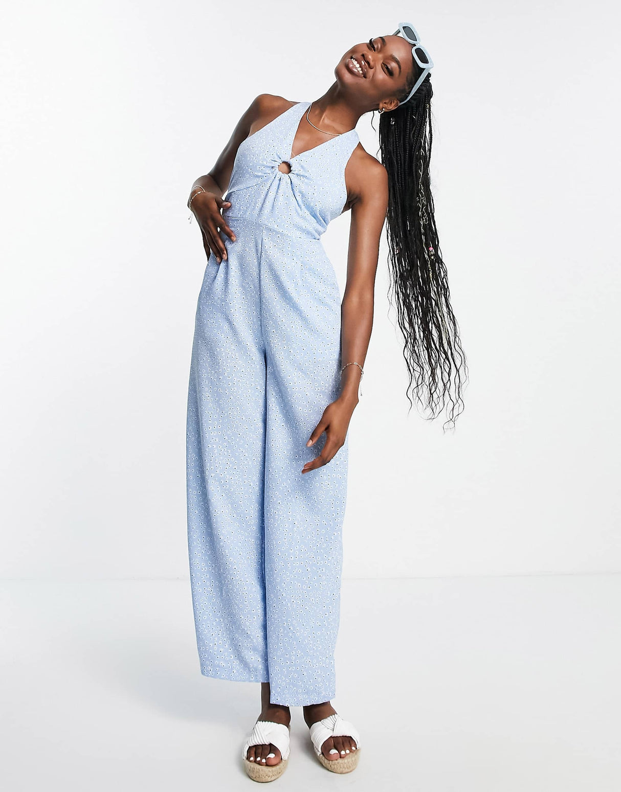 Qed London Halterneck Ring Detail Jumpsuit In Blue Floral Print