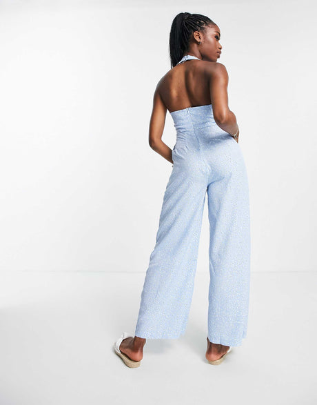 Qed London Halterneck Ring Detail Jumpsuit In Blue Floral Print
