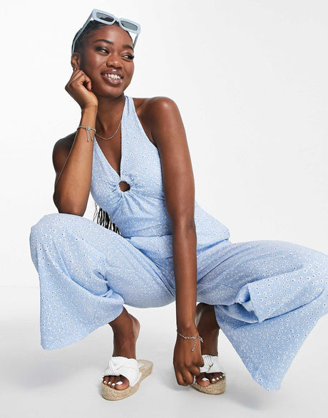 Qed London Halterneck Ring Detail Jumpsuit In Blue Floral Print