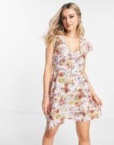 Qed London Button Down Mini Dress In Red Floral Print