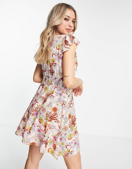 Qed London Button Down Mini Dress In Red Floral Print