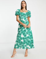 Mango Open Back Square Neck Midi Dress In Green Floral Print