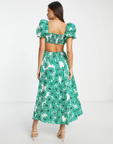 Mango Open Back Square Neck Midi Dress In Green Floral Print