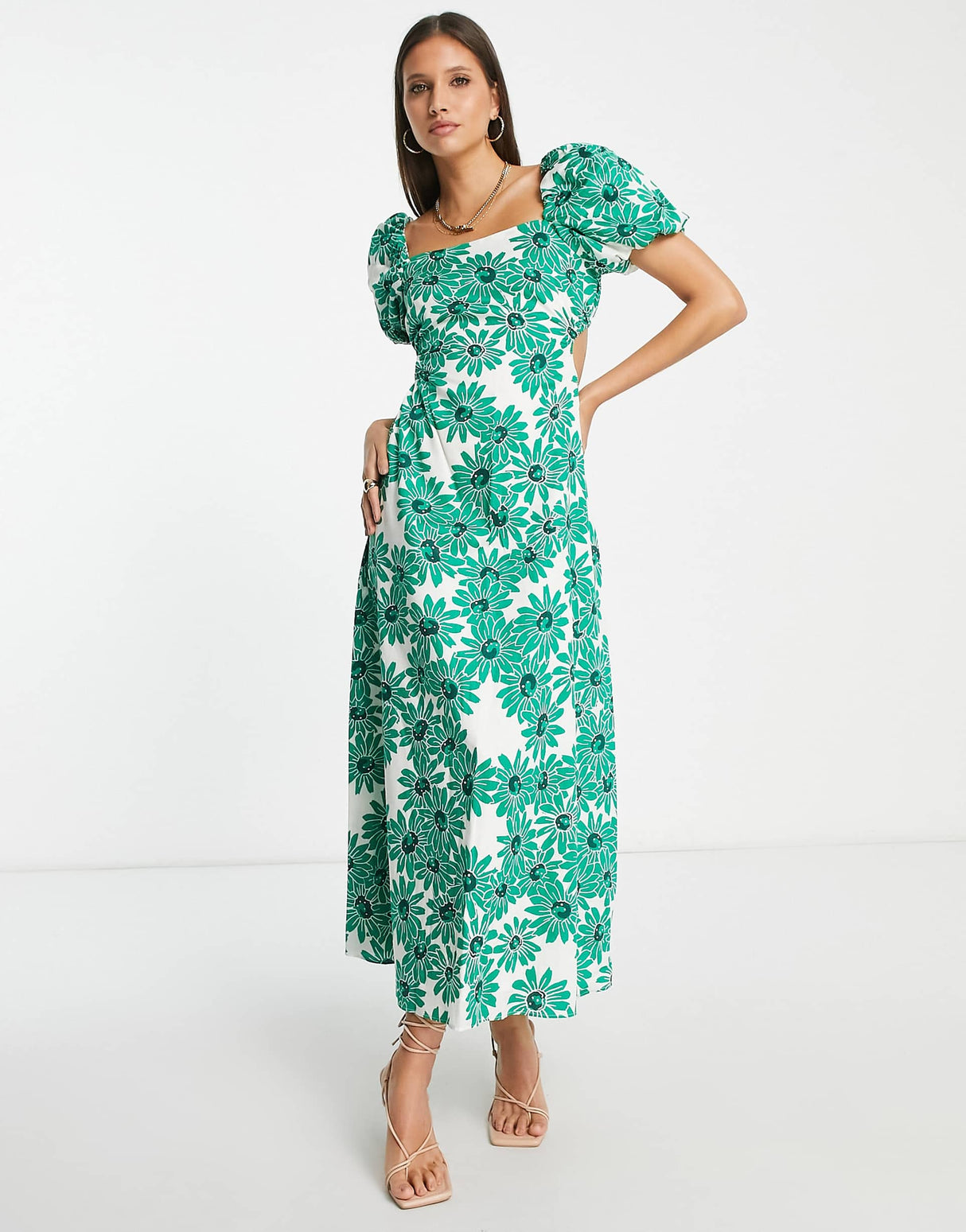 Mango Open Back Square Neck Midi Dress In Green Floral Print