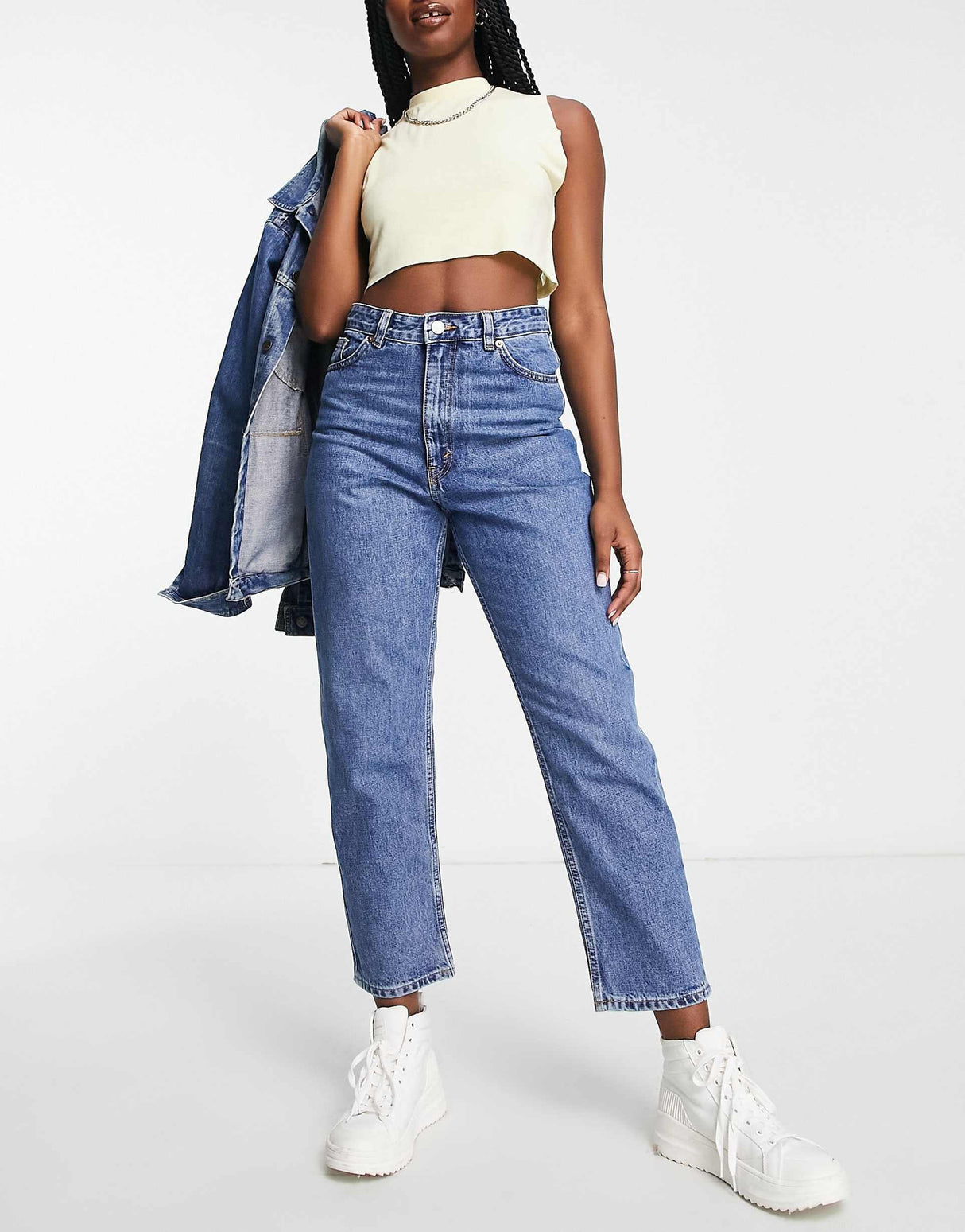 Monki Straight Leg Jeans With Teddy Embroidered Pocket In Washed Blue
