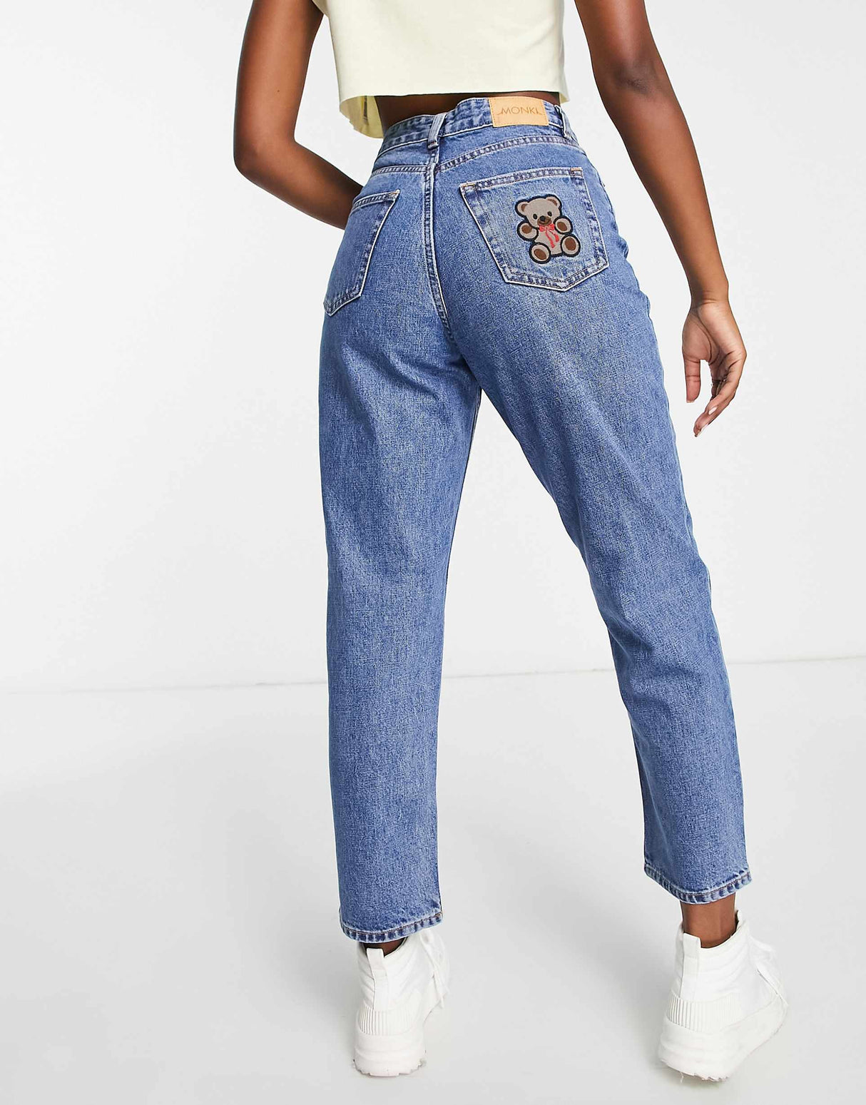 Monki Straight Leg Jeans With Teddy Embroidered Pocket In Washed Blue