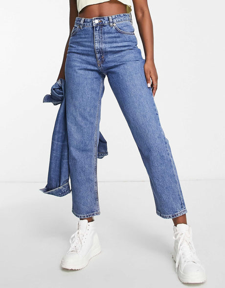 Monki Straight Leg Jeans With Teddy Embroidered Pocket In Washed Blue