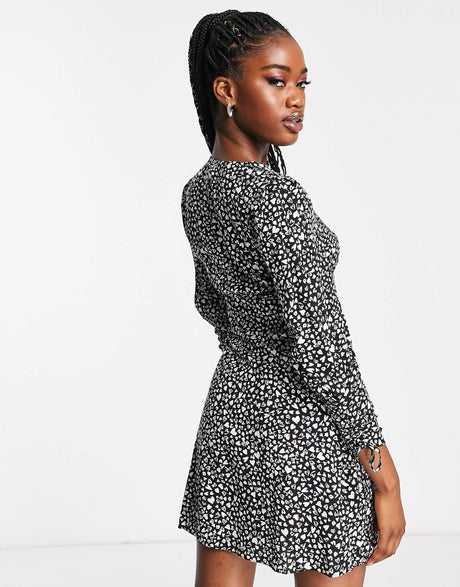 Nobody'S Child Tie Sleeve Mini Tea Dress In Black Heart Print