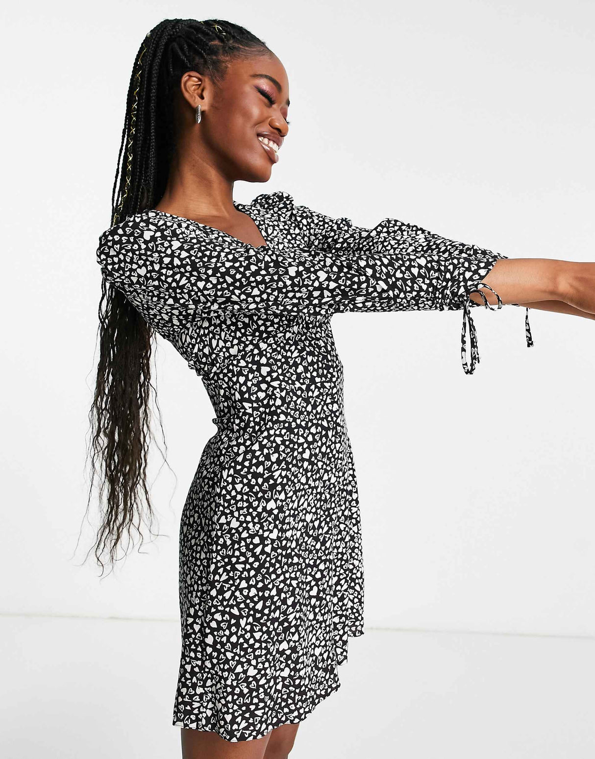 Nobody'S Child Tie Sleeve Mini Tea Dress In Black Heart Print