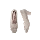 Rhinestone Bow Knit Round Toe Block Heel Pumps - Taupe