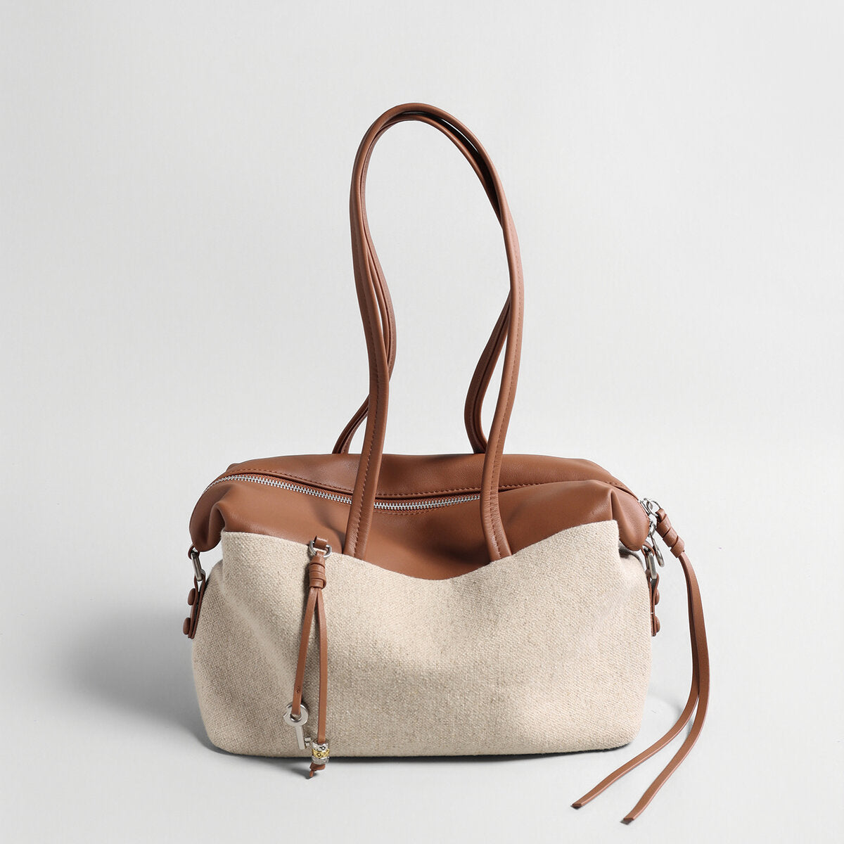 Linen & Leather Colour-Block Tote Bag - Brown