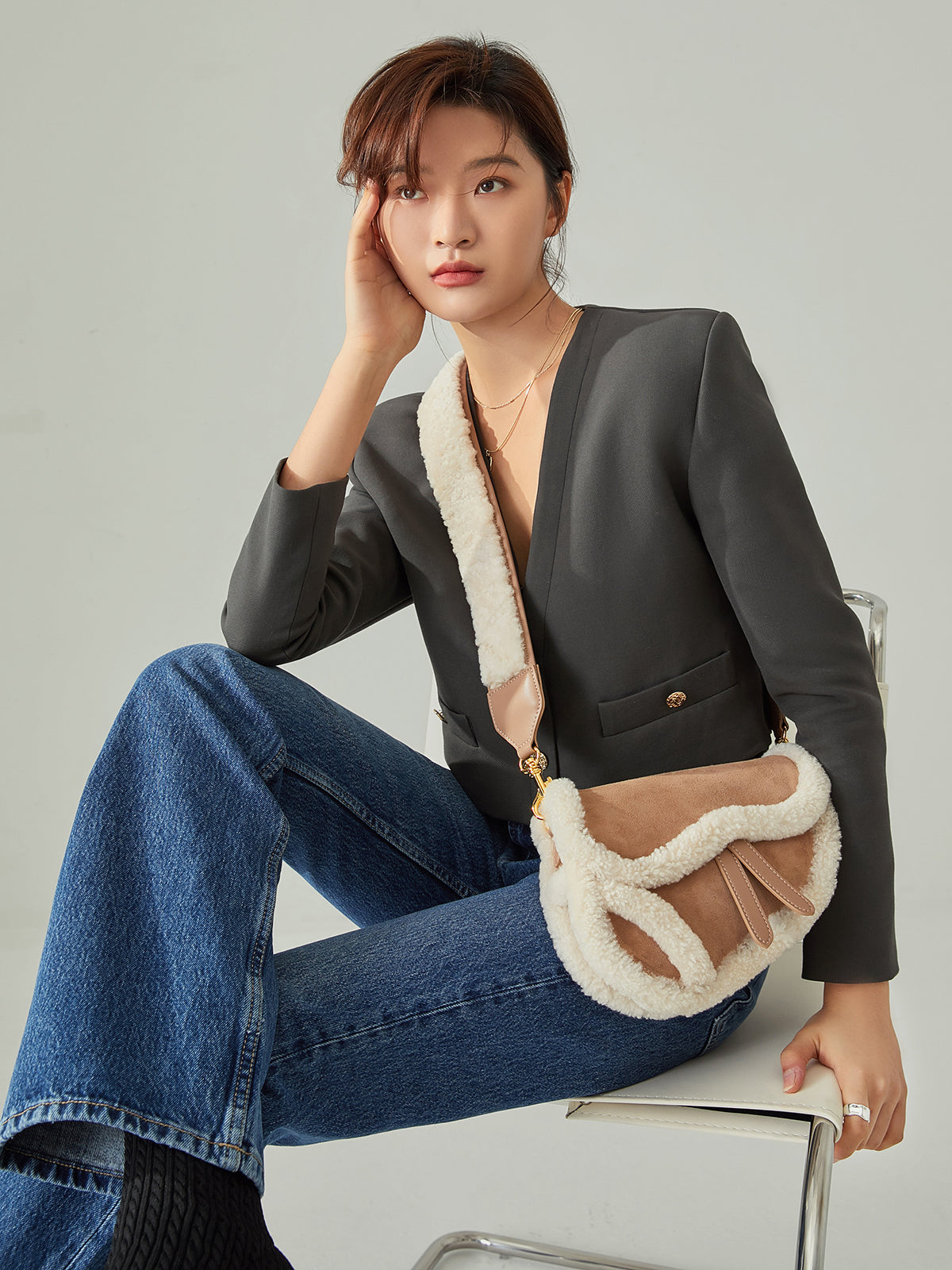 Beige Shearling Saddle Shoulder Bag - Beige
