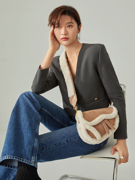 Beige Shearling Saddle Shoulder Bag - Beige