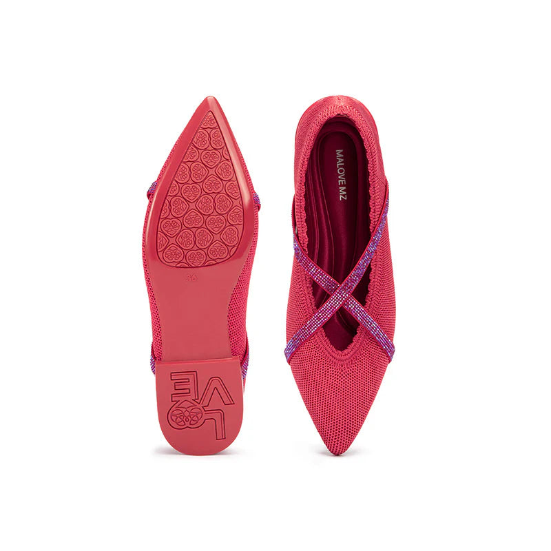 Rhinestone Cross Strap Pointed Toe Knit Flats - Watermelon