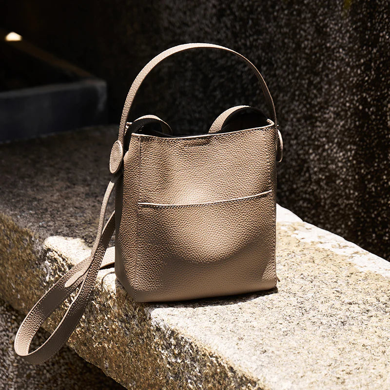 Nalandu Pebbled Leather Bucket Bag - Taupe