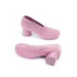 Fuzzy Round Toe Block Heel Pumps - Pink