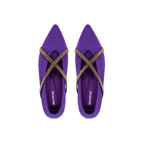 Rhinestone Cross Strap Pointed Toe Knit Flats - Purple