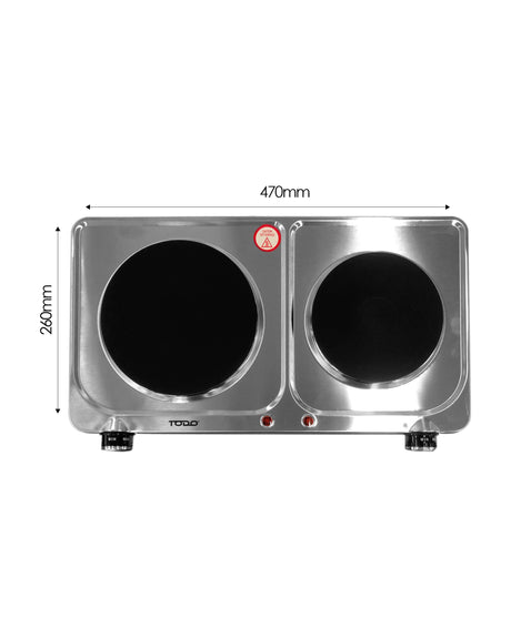 TODO 2250W Twin Hotplate Electric Cooktop Dual Plate Stainless Steel