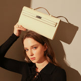 Structured Saffiano Leather Top-Handle Clutch - Ivory