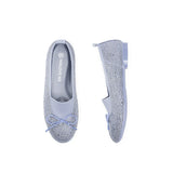 Rhinestone Bow Knit Round Toe Ballet Flats - Blue
