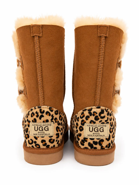 Australian Leather Ugg Button Cheetah Uggs Chesnut - AU5