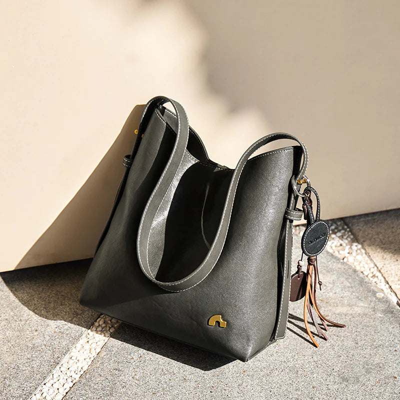 Nalandu Vintage Leather Large Capacity Tote Bag - Charcoal