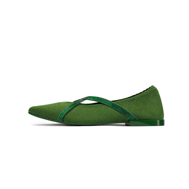 Rhinestone Cross Strap Pointed Toe Knit Flats - Green