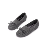 Bow Hollow Mesh Knit Round Toe Low Heel Flats - Charcoal